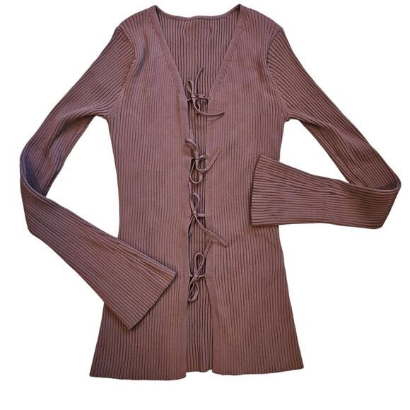 APPARIS Brown Long Sleeve Flare Sleeve Knit Tie Front Sweater Small Medium Basic - Picture 1 of 4